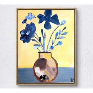 WS original blue pottery painting 14X11 canvas acrylic abstract modern wall art